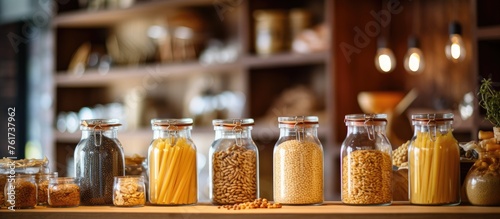 A variety of pasta types are stored in jars on the shelf for easy access when cooking delicious recipes photo