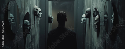 A man in a dimly lit room faces reflected in mirrors around him each mirror showing him wearing a different mask This complex scene symbolizes the multifaceted