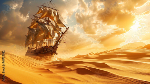A rustic pirate ship gliding over golden desert sands under a blazing sun sails billowing adventure in the air