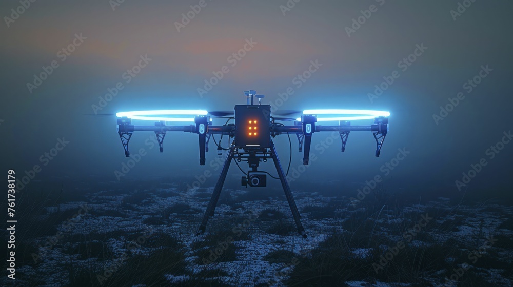 A neon blue high-altitude drone station gathers data for climate research at high altitudes. - obrazy, fototapety, plakaty 