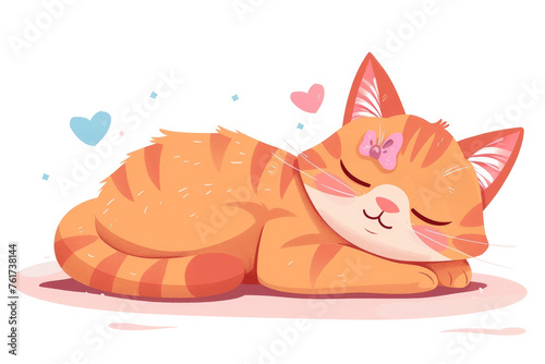 Sleepy cute red watercolor cat, with pink bow. Cartoon vector Illustration isolated on white background.