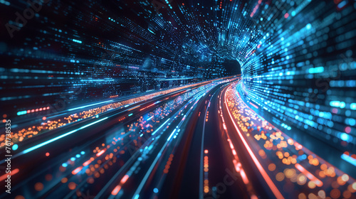 High speed data highway with flowing streams of light representing information