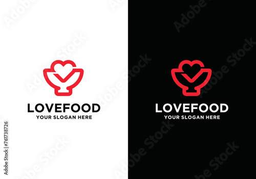 Heart and bowl logo template. food love logo vector design, combination of bowl with heart elements, Kitchen utensils and love symbol vector design.