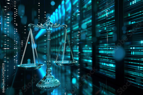 law scales against a data center background representing the digital law concept and the duality of judiciary and modern data