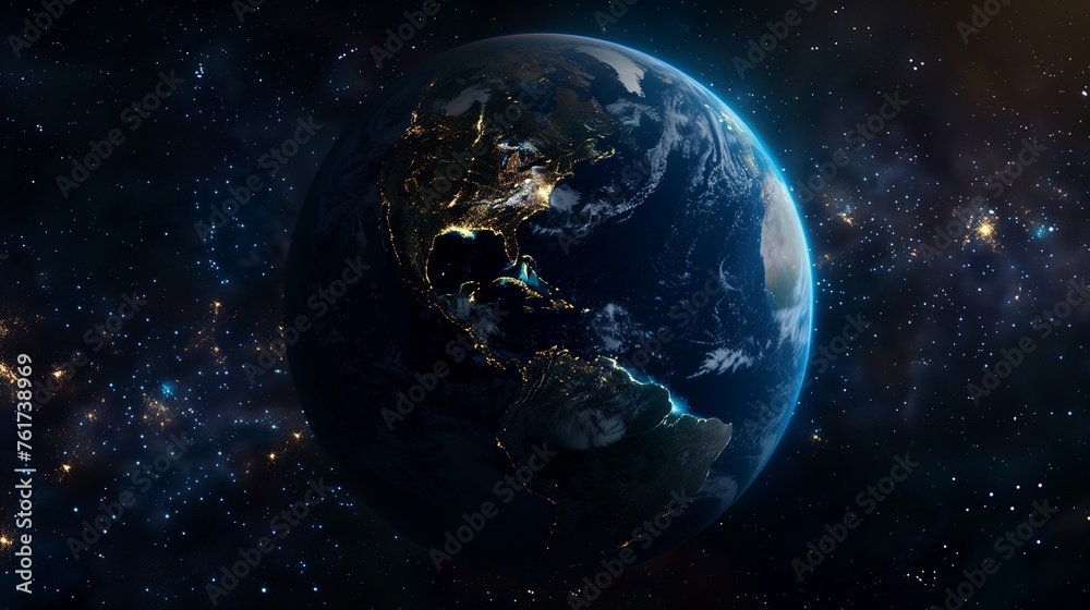 Obraz premium A Realistic Portrait of Our Planet Shrouded in Darkness, with Cities Glowing Like Jewels Against the Velvet Blackness of Space, Highlighting the Intricate Patterns of Human Civilization from Above.