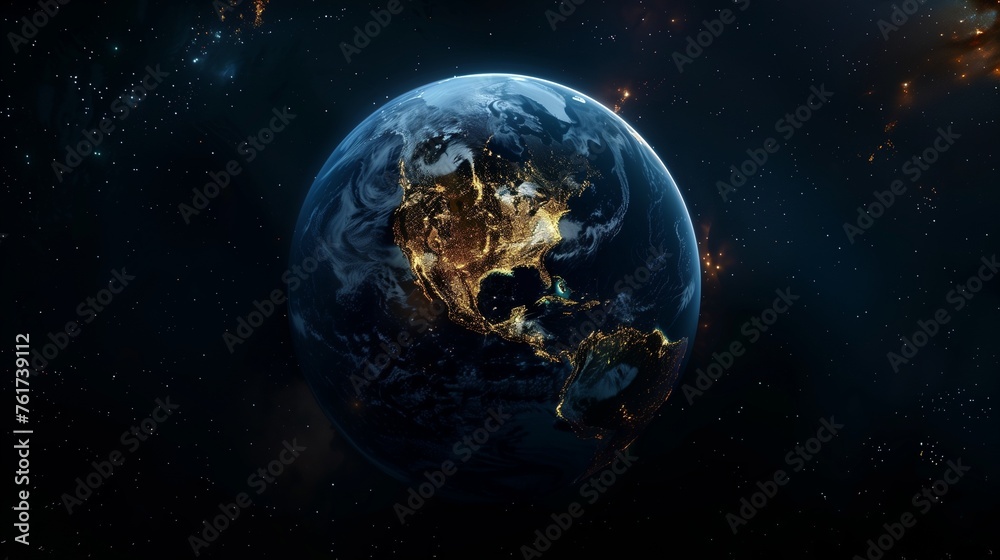 A Realistic Portrait of Our Planet Shrouded in Darkness, with Cities Glowing Like Jewels Against the Velvet Blackness of Space, Highlighting the Intricate Patterns of Human Civilization from Above.