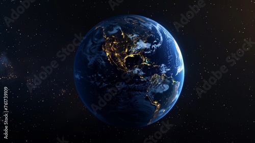 A Realistic Portrait of Our Planet Shrouded in Darkness  with Cities Glowing Like Jewels Against the Velvet Blackness of Space  Highlighting the Intricate Patterns of Human Civilization from Above.