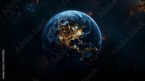 A Realistic Portrait of Our Planet Shrouded in Darkness, with Cities Glowing Like Jewels Against the Velvet Blackness of Space, Highlighting the Intricate Patterns of Human Civilization from Above.