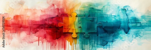 Colorful interlocking puzzle pieces with watercolor texture symbolizing connection and diversity.