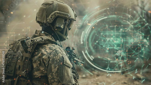 soldier with tactical military HUD and battlefield scenarios