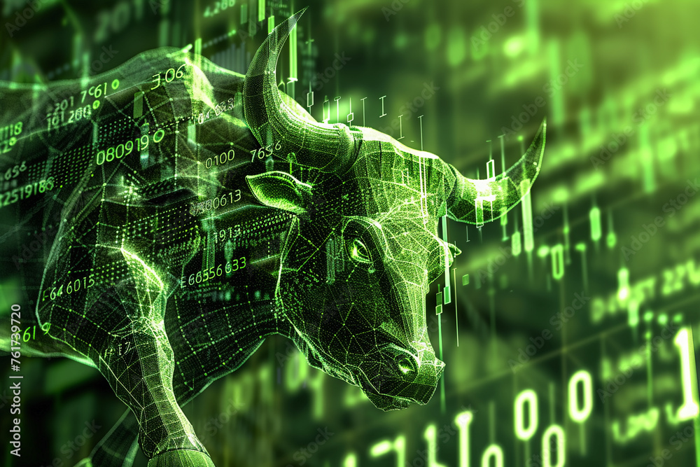 Stock market bull market trading Up green graph - obrazy, fototapety, plakaty 