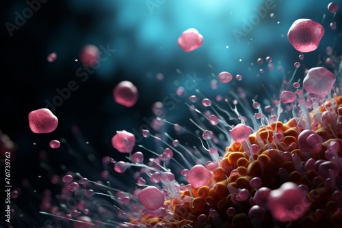Surreal depiction of vibrant, pinkish cells releasing tiny particles, against a deep blue, bokeh background.