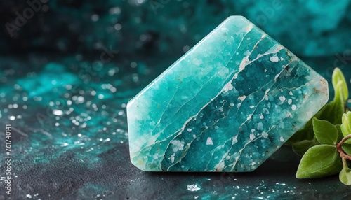 Close-up of natural Amazonite gemstone. Bluish-green tectosilicate mineral, crystal. photo