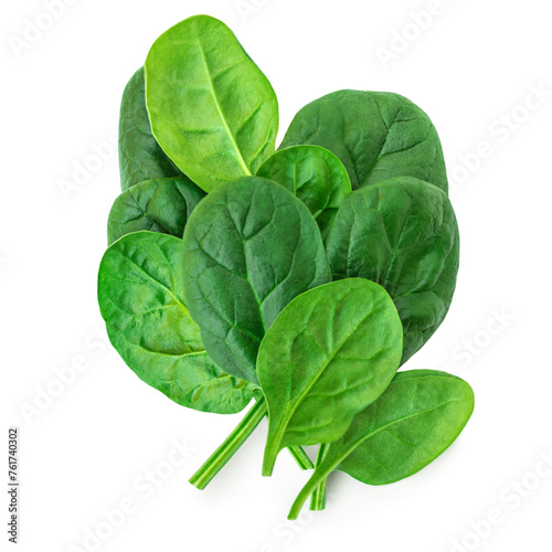 Spinach leaves isolated on white background. Pile of fresh green Espinach Macro. Top view. Flat lay..