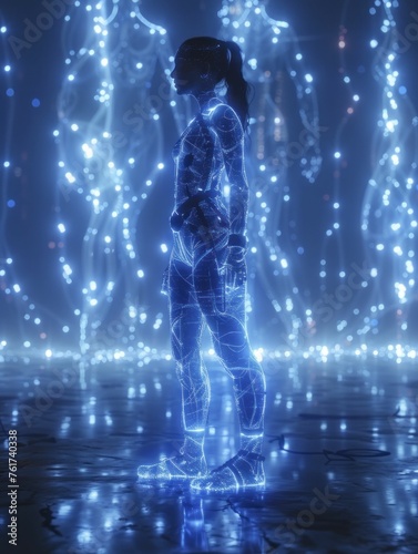 Experience the futuristic entertainment with a neon blue holographic concert featuring digital avatars in a virtual performance.