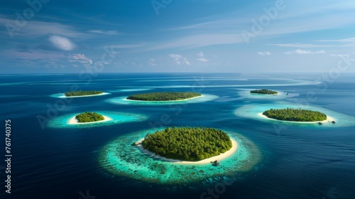 A cluster of small islands sits amidst the vast expanse of the ocean, with varying sizes and shapes. photo