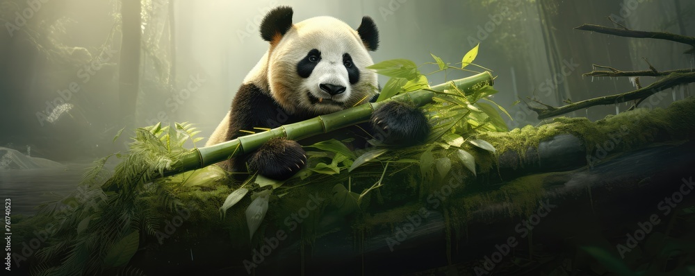 A panda bear is laying on a tree branch in a lush green forest A panda bear is laying on a tree branch in a lush green forest