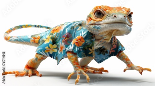 The cartoon character is a lizard in summer clothes on a white isolated background. 3d illustration