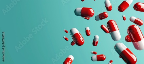Falling antibiotic pill capsules on dark backgroundhealthcare and medicine 3d illustration concept.