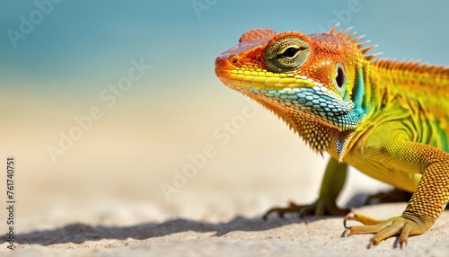  a close up of a green and orange lizard on a white sand dune with a blue sky in the background. © Jevjenijs