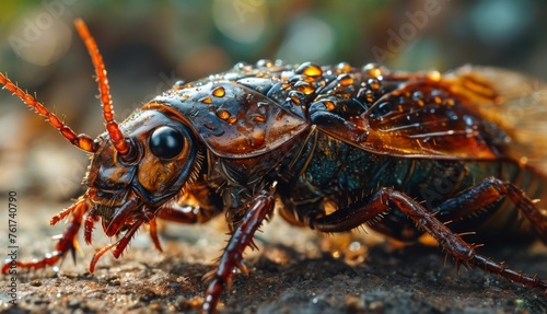  a close up of a bug on a dirt ground with drops of water on it's wings and head.