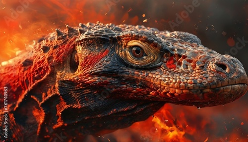  a close up of a lizard s head with a lot of fire in the background and a blurry background.
