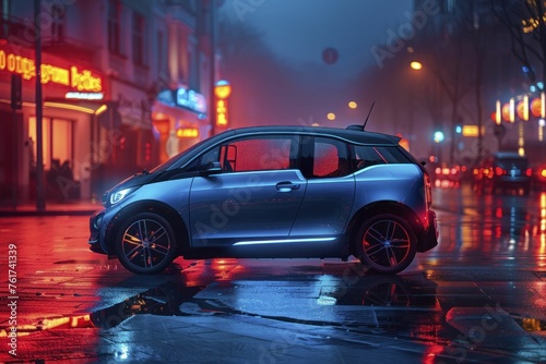 Revolutionary neon blue compact urban EV symbolizes the eco-friendly future of transportation.