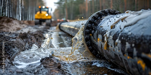 A chaotic scene with a ruptured gas pipeline causing environmental destruction. Concept Disaster Photography, Environmental Crisis, Incident Response, Emergency Management, Natural Disasters