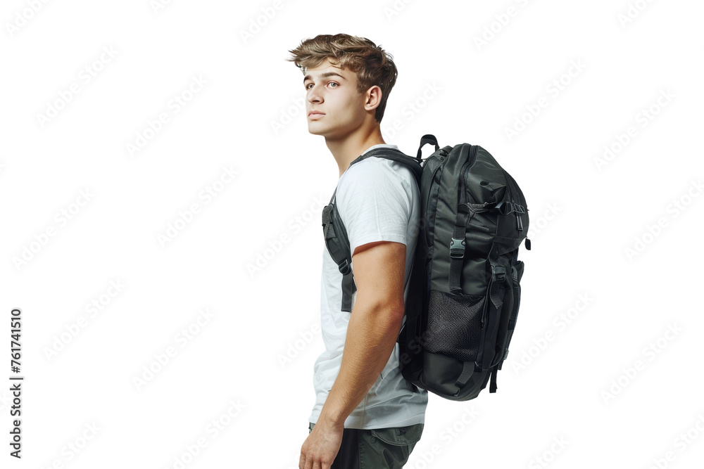 A young man with a backpack stands ready for adventure in a rural setting