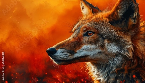  a painting of a wolf standing in front of a red and yellow fire filled sky with smoke coming out of its mouth.