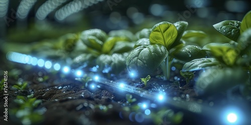 Smart agricultural farm, crops monitored by drones with neon blue indicators. © malisa