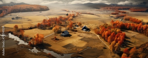Aerial view of autumn landscape with farmhouses