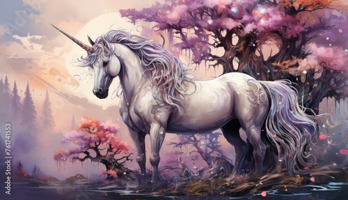  a painting of a white unicorn standing in front of a tree with pink flowers and a full moon in the background. © Jevjenijs