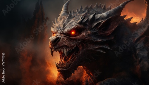  a close up of a demon with red eyes and a demon like face on it's face, with flames in the background. © Jevjenijs