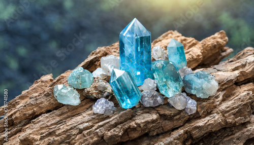 Bunch of blue uncut aquamarine. Raw crystal gems. Beautiful stones.