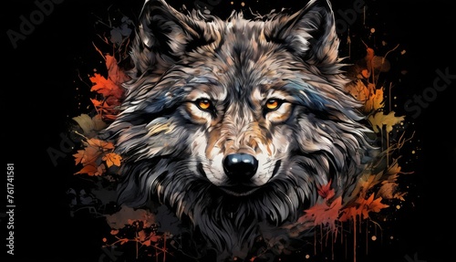  a close up of a wolf's face with orange and red paint splatters on it's face.