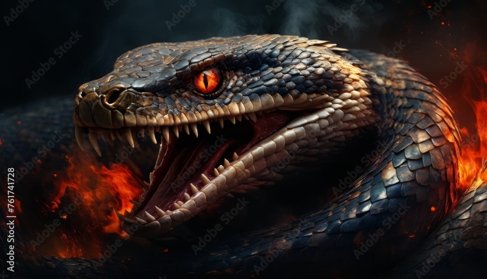 a large snake with it's mouth open and it's mouth wide open in front of a blazing background. a large snake with it's mouth open and it's mouth wide open in front of a blazing background.