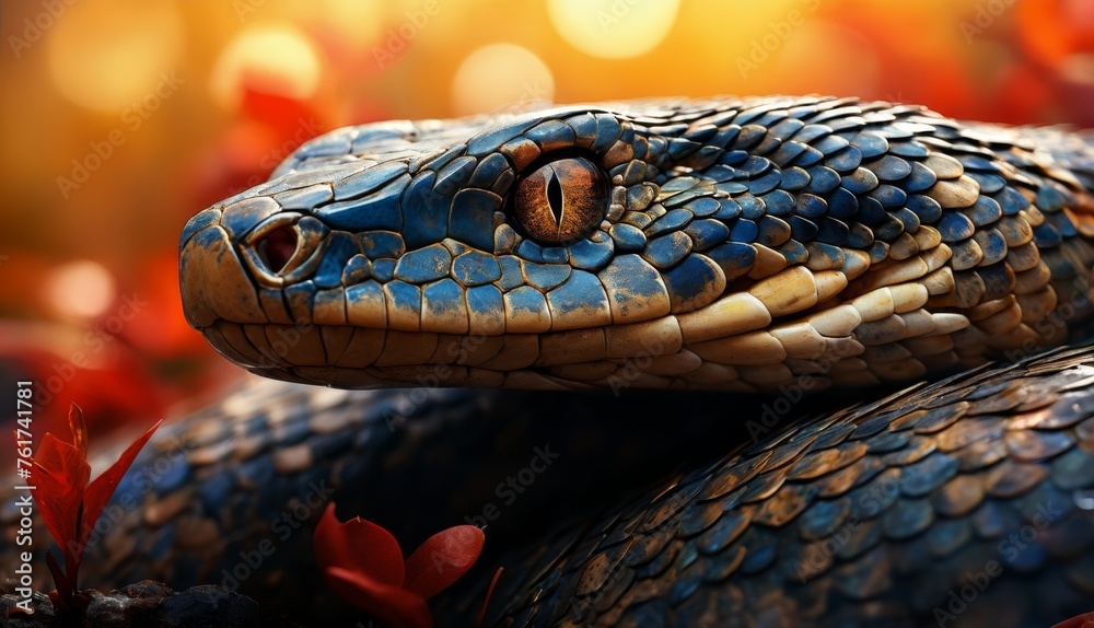 a close - up of a snake's head on a branch with red flowers in the foreground and a blurry background. a close - up of a snake's head on a branch with red flowers in the foreground and a blurry background.