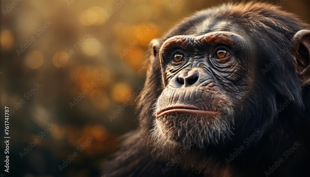  a close up of a monkey's face in front of a blurry background of trees and leaves in the foreground.