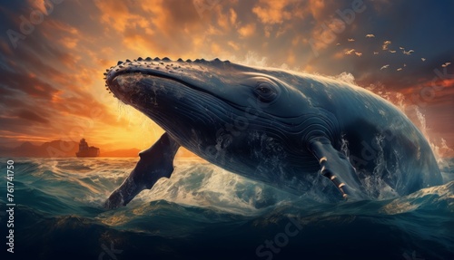  a painting of a humpback whale jumping out of the water in front of a sunset with a ship in the background. © Jevjenijs