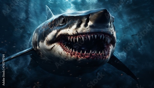  a shark with its mouth open and it s mouth wide open and it s teeth are wide open.