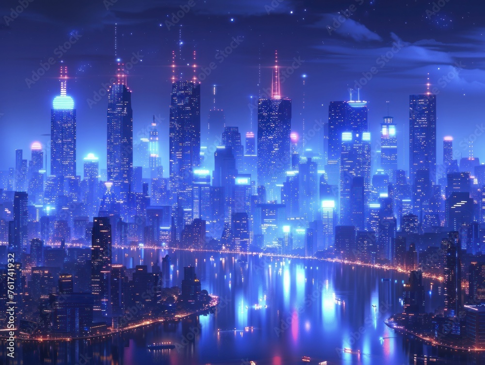 The neon blue tones at dusk depict a smart city skyline showcasing technology and urban progress.