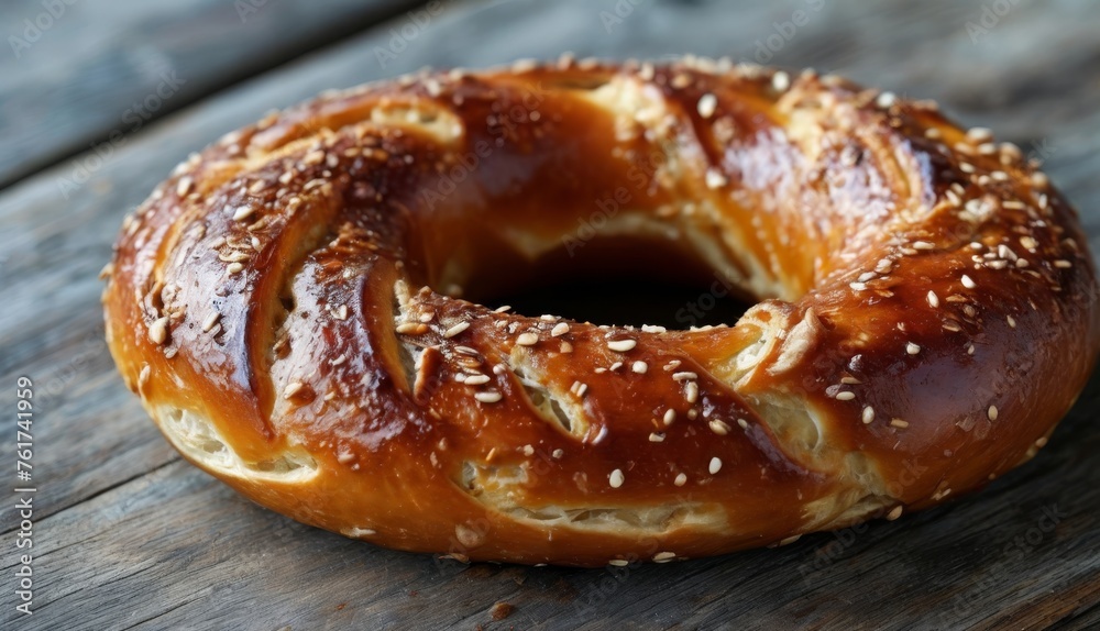  a close up of a bagel with sesame seeds on it on a wooden table with a blurry background.