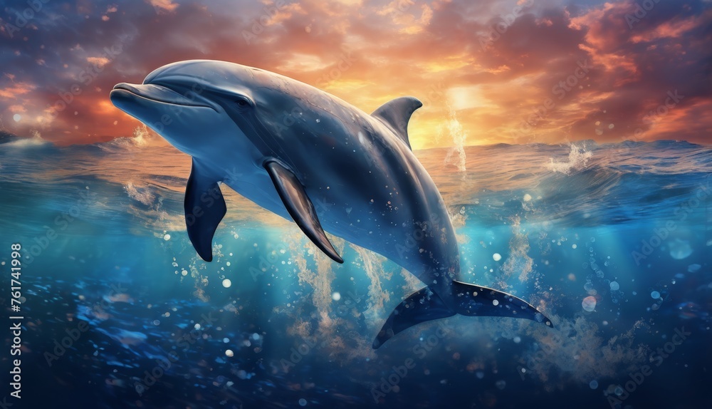  a painting of a dolphin swimming in a body of water with a sunset in the background and clouds in the sky.