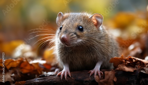  a close up of a rodent on a log in a field of leafy grass and yellow and brown leaves.