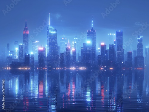 Smart city skyline at dusk with neon blue tones showcasing technology and urban growth.