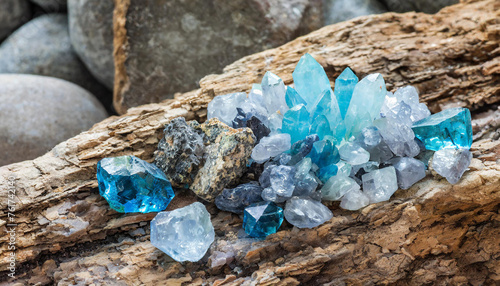 Bunch of blue uncut aquamarine. Raw crystal gems. Beautiful stones.