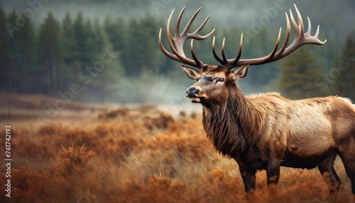  a close up of a deer with antlers in a field of grass with trees in the background and fog in the air.