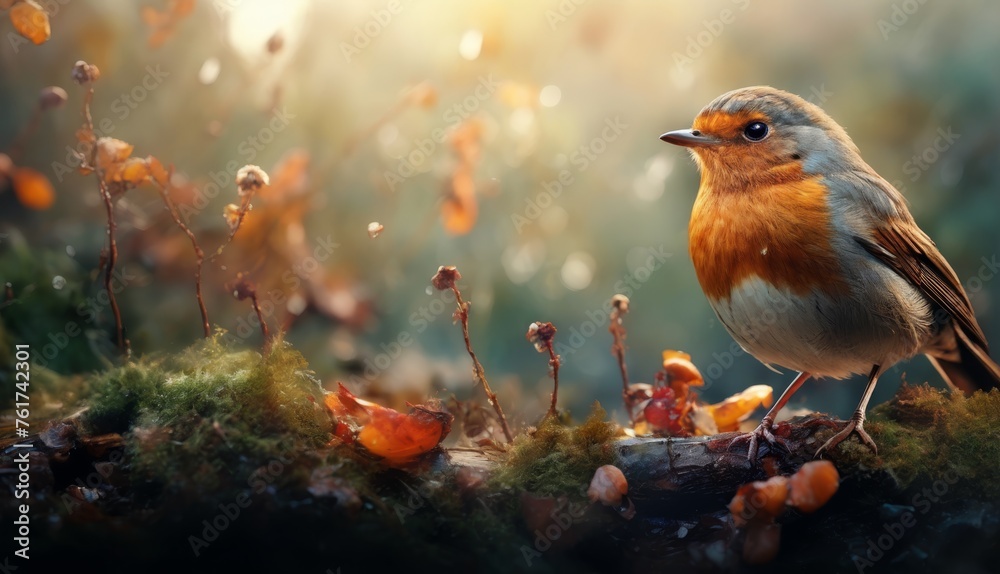  a small bird sitting on top of a moss covered forest floor next to a forest filled with orange and yellow flowers.