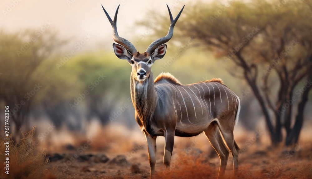  an antelope standing in the middle of a grassy area with trees in the background and a hazy sky in the background. - obrazy, fototapety, plakaty 
